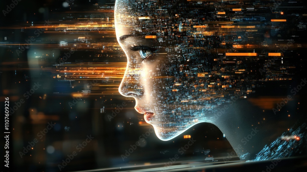 Poster a futuristic profile of a humanoid figure with digital elements representing technology.