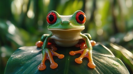 Fototapeta premium Red-eyed Tree Frog on a Lush Green Leaf