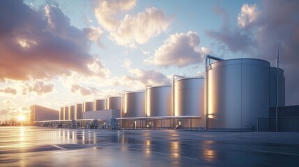 Obraz premium Sleek fuel storage facility with high-tech architecture, emphasizing energy efficiency and modern design