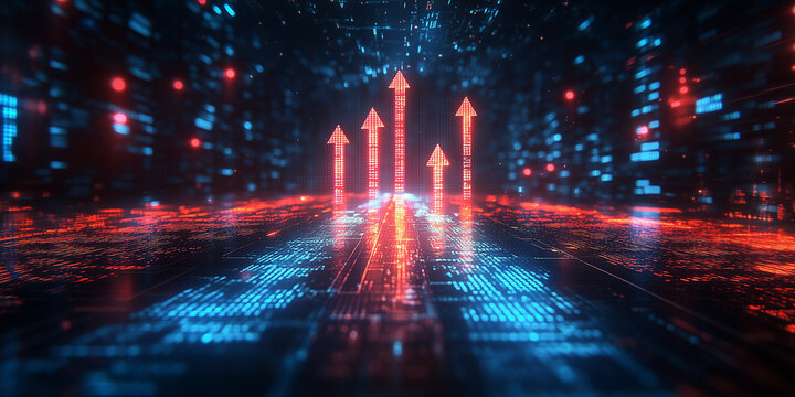 Futuristic economy with three ascending arrows, symbolizing market growth, stock rise, and big data analysis, abstract digital design - Powered by Adobe