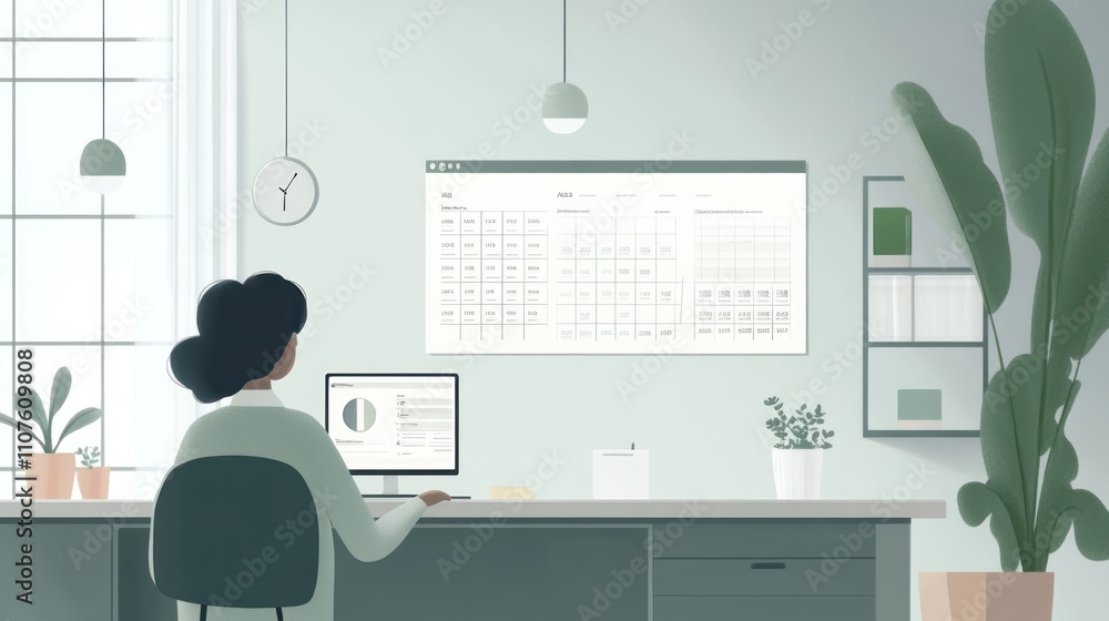Poster A person working at a desk with a computer and a calendar on the wall in a minimalist office.