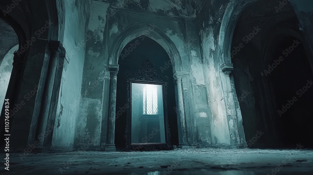 Poster mysterious abandoned room with intriguing mirror reflection