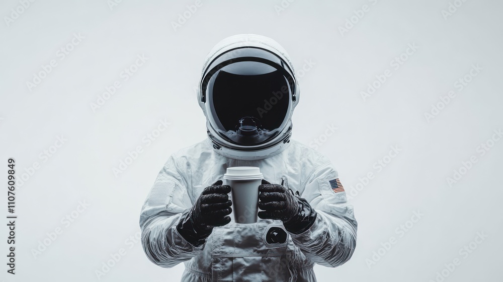 Poster An astronaut in a spacesuit holds a coffee cup against a minimalistic background.