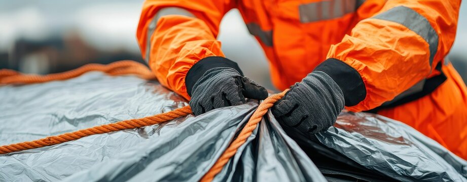 Close-up of a worker in an orange safety jacket tying an orange rope over a tarp, ensuring secure protection.
