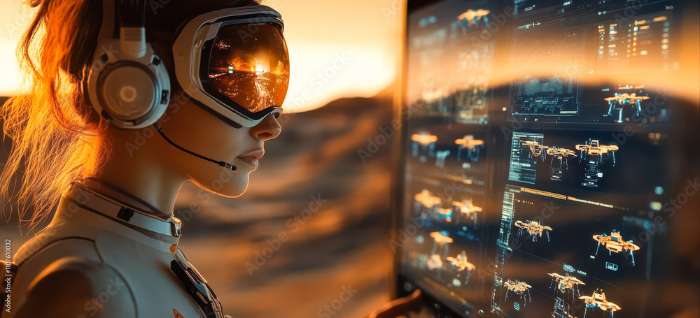 Aufkleber remote mars exploration by scientist managing drones with advanced technology interface