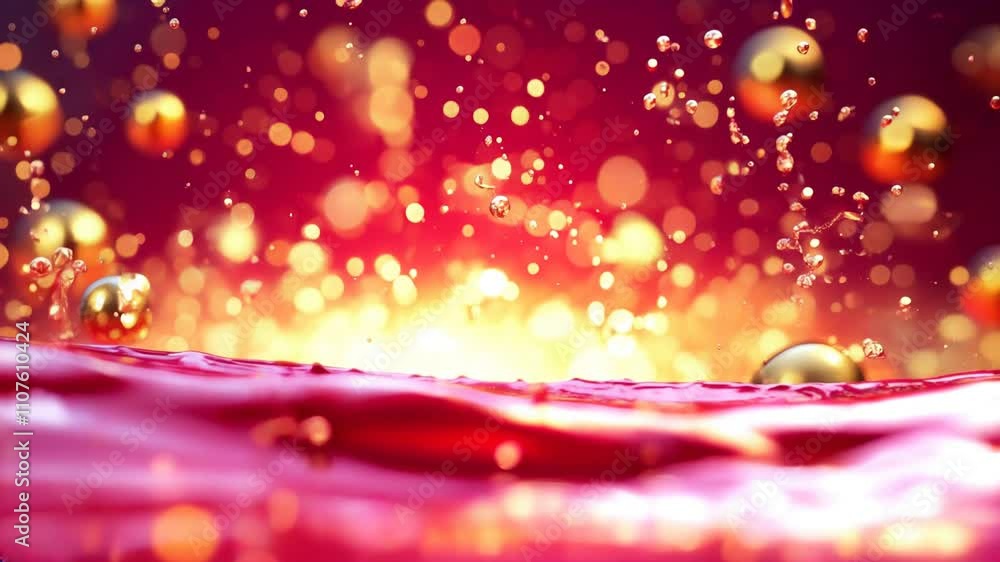 Poster golden spheres splashing into a vibrant liquid surface surrounded by sparkling droplets. dynamic and