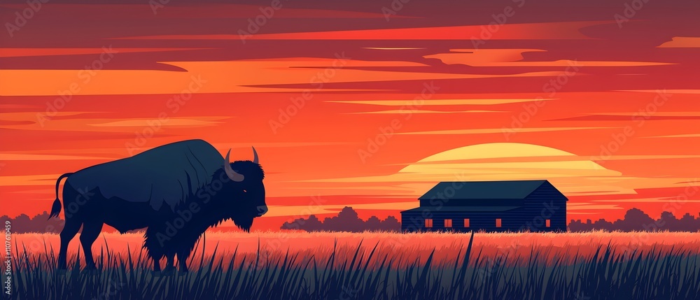 Poster a buffalo is standing in a field with a house in the background