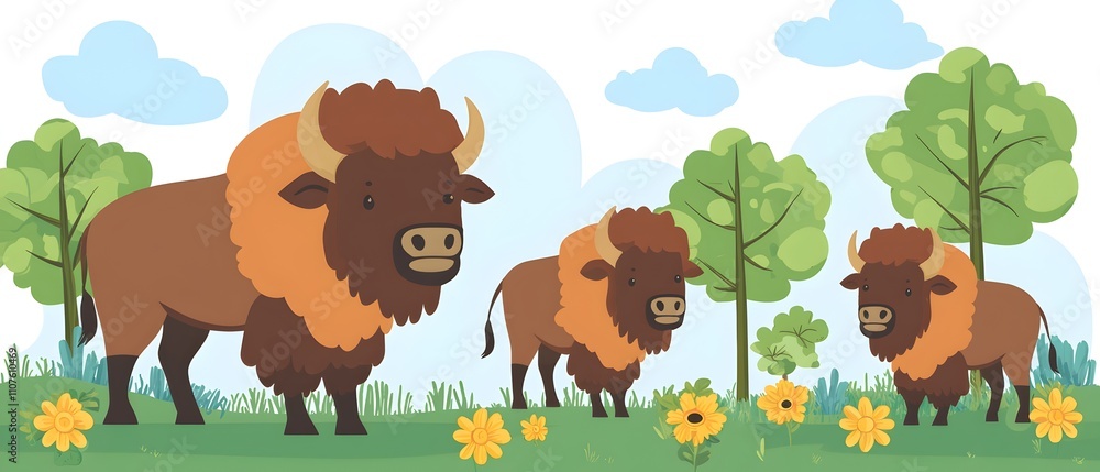 Poster a buffalo is standing in a field with a house in the background
