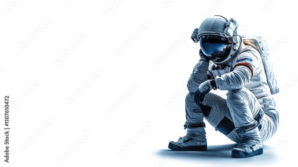 Poster a contemplative astronaut in a spacesuit, symbolizing exploration and solitude in space.