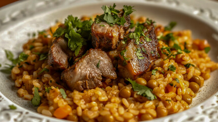 Delicious plate of Puerto Rican arroz con gandules with pork, pigeon peas