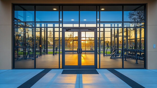 Exterior view of fitness center entrance glass door and windows. modern gym building architecture front view, workout, training or exercise activity city or town sport structure,healthy lifestyle club