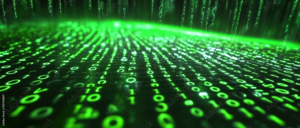 Poster a digital landscape of glowing green binary code, symbolizing data and technology.