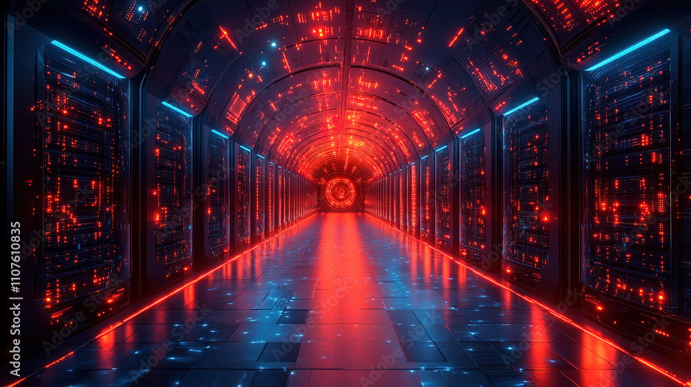 Poster illuminated corridor in a futuristic server room with vibrant red and blue lights creating a high-te
