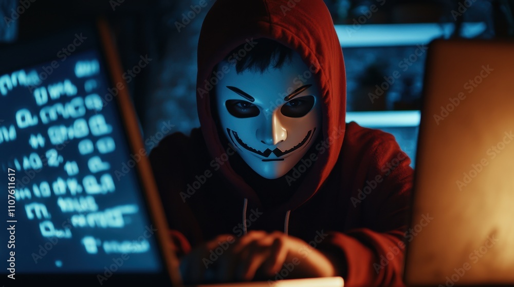 Poster mysterious hacker in hoodie and mask working on computer screens