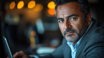Obraz premium A focused man in a suit working intently at a desk with a laptop in a modern environment.