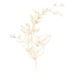 Golden flowers, Line art, Bouquet of flowers, can be used as greeting card, invitation card for wedding, birthday and other holiday and summer background