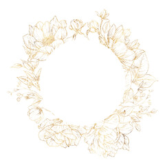 Golden flowers, line art, Greeting card with flowers, Floral frame, can be used as invitation card for wedding, birthday and other holiday and summer background