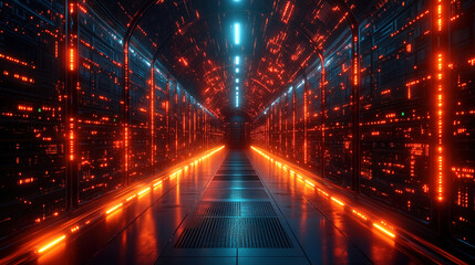 Futuristic data center corridor illuminated by bright orange and blue lights in a high-tech environment. Generative AI
