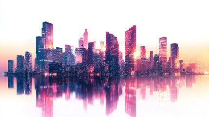 Obraz premium Neon city skyline with illuminated buildings, a futuristic metropolis panorama cyberpunk architecture isolated, glowing against white background.