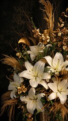 A funeral arrangement with dark velvet, gold accents, and white lilies, exuding elegance and respect. 