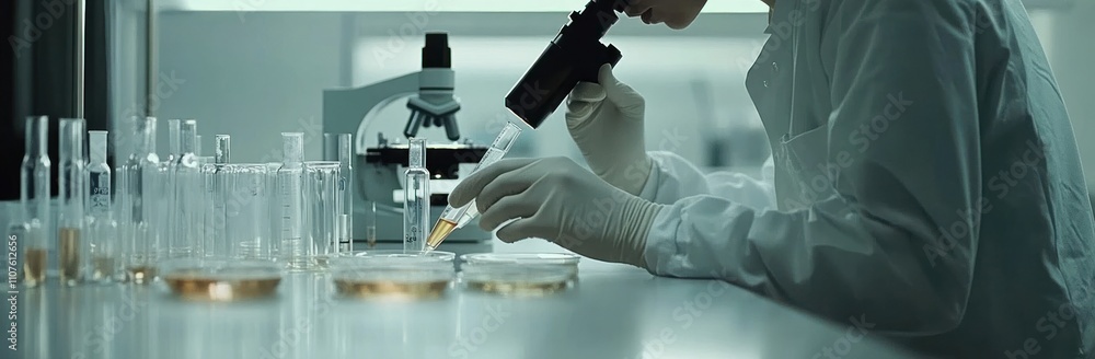 Leinwandbilder A scientist conducts experiments using a microscope and glassware in a laboratory setting.