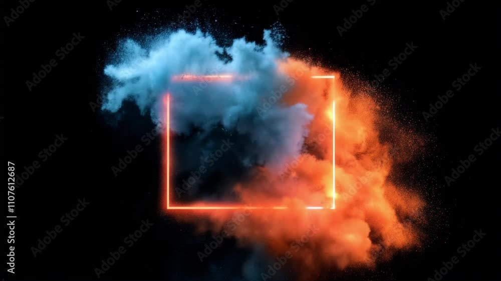 Poster abstract explosion of blue and orange dust within a glowing rectangular frame on a black background.