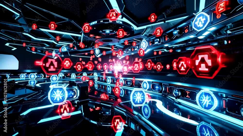 Aufkleber futuristic digital interface with glowing red and blue holographic symbols in a high-tech environmen