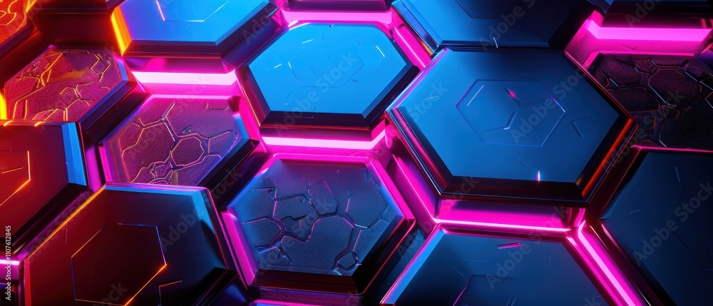 Poster a vibrant hexagonal pattern with glowing edges, creating a futuristic design aesthetic.