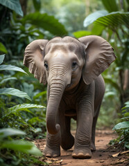 Naklejka premium Young small happy baby elephant in the jungle.