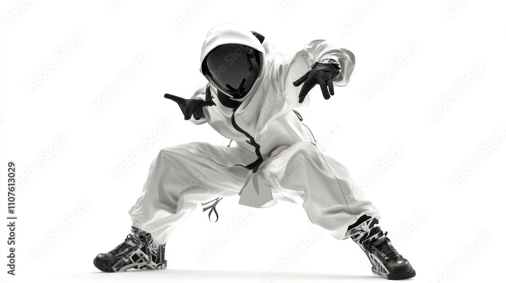 Aufkleber a figure in a white outfit and helmet strikes a dynamic pose against a plain background.