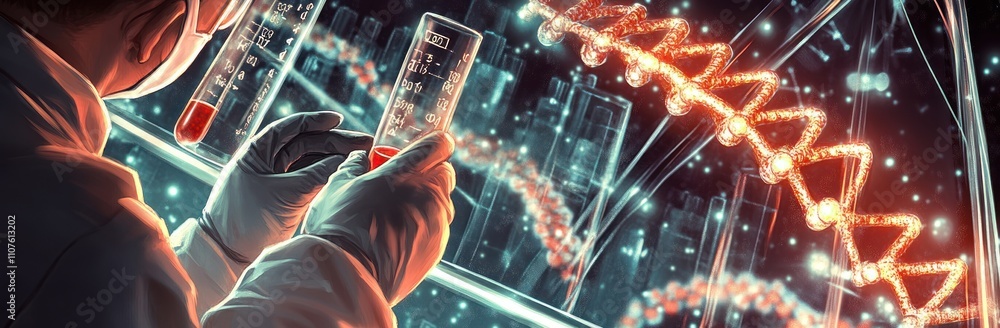 Poster a scientist analyzing blood samples with dna strands in the background.