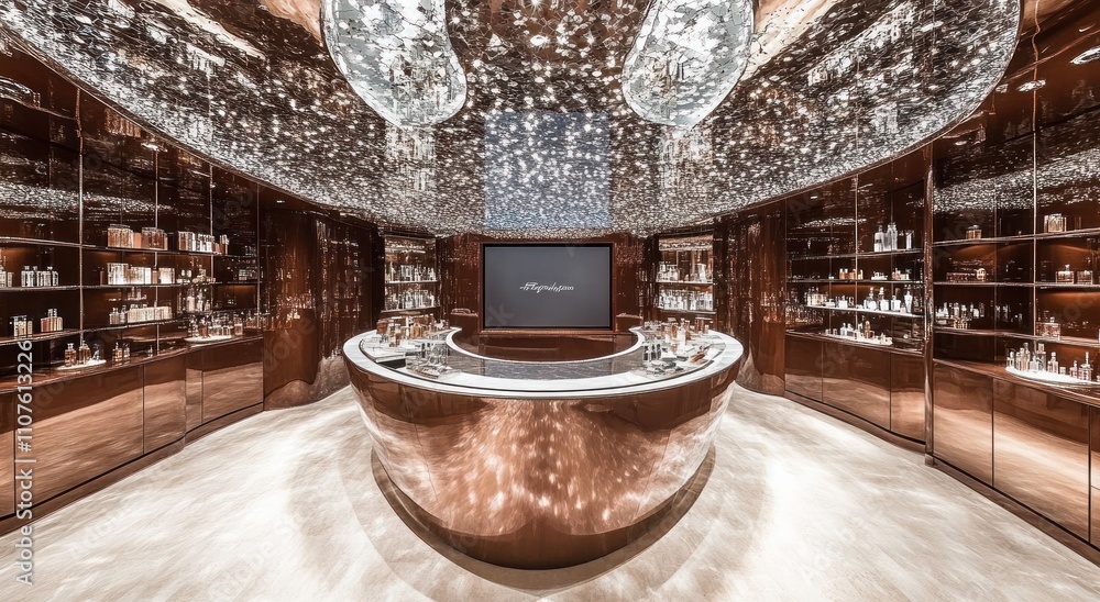 Poster a luxurious retail space with elegant design and illuminated displays for products.
