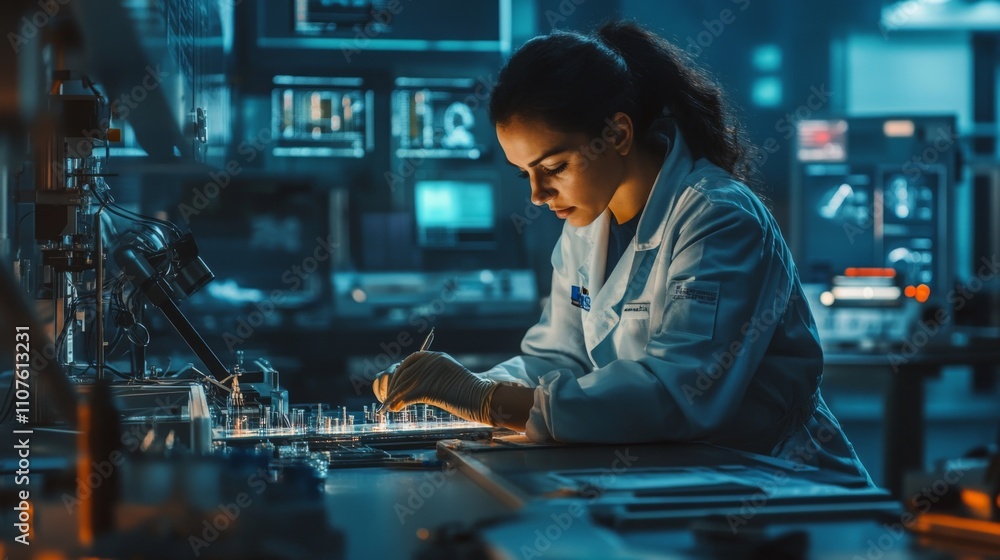 Poster a woman is focused on her work in a high-tech laboratory, carefully analyzing samples on a well-lit 