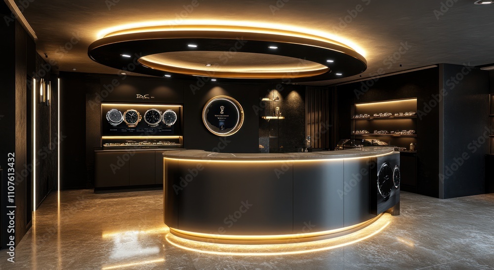 Aufkleber modern reception area with sleek design and ambient lighting.