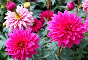 Fototapeta premium Dahlia Drama A vibrant hot pink dahlia its showy pom pom like bl
