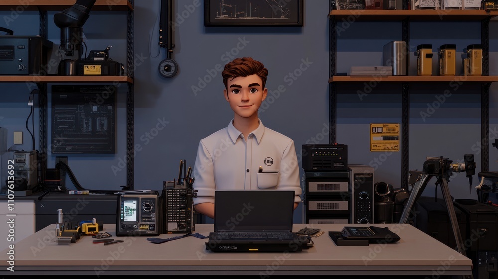 Aufkleber a digital character sits at a desk with technology equipment and a laptop in a workshop setting.
