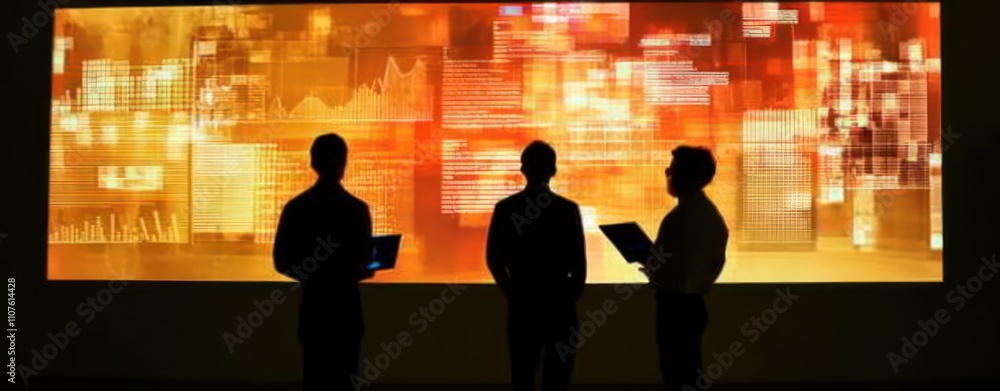 Aufkleber Three silhouettes analyze data on a vibrant digital display in a modern setting.