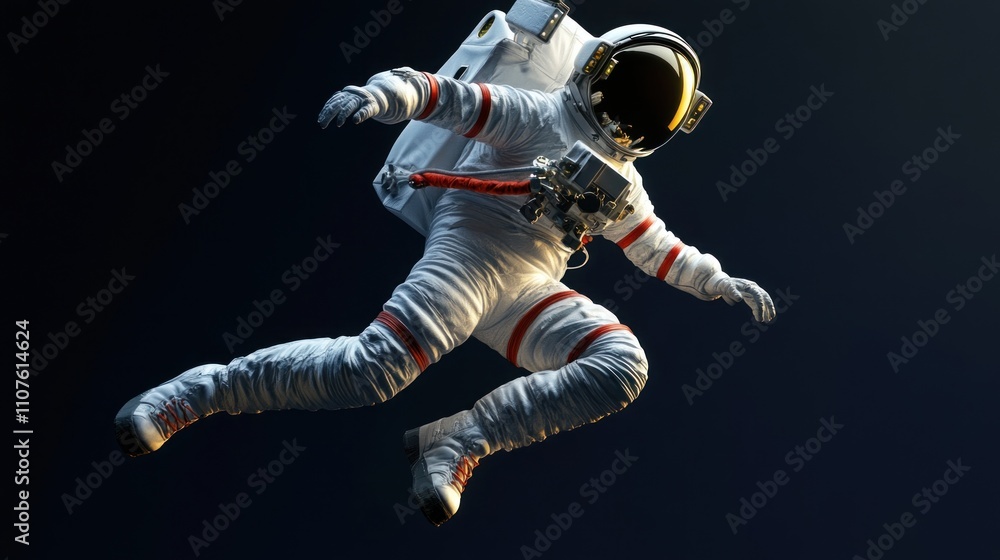 Poster an astronaut in a space suit floating in a dark environment.