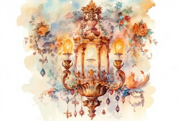 Watercolor painting of a lamp in the baroque style.