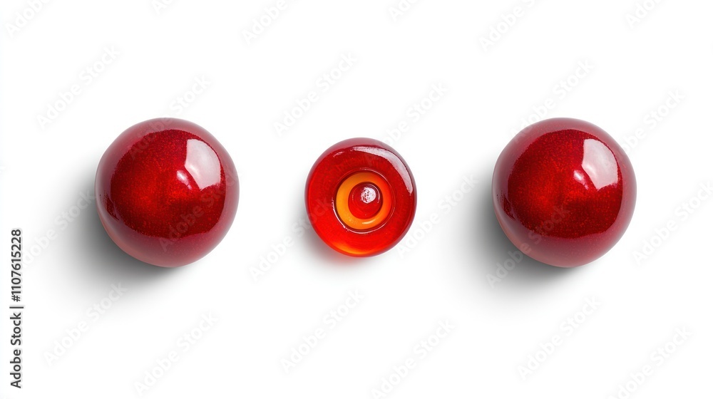 Fototapete three glossy red spheres arranged with a smaller one in the center, showcasing color and design.