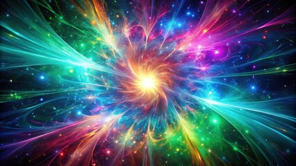 A vibrant cosmic swirl of iridescent light beams, emanating from a glowing core in a star-filled nebula.