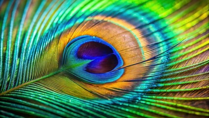 Obraz premium A Detailed Close Up of a Peacock Feather Displaying Vibrant Green, Blue, and Gold Hues with a Circular Eye Shape in the Center