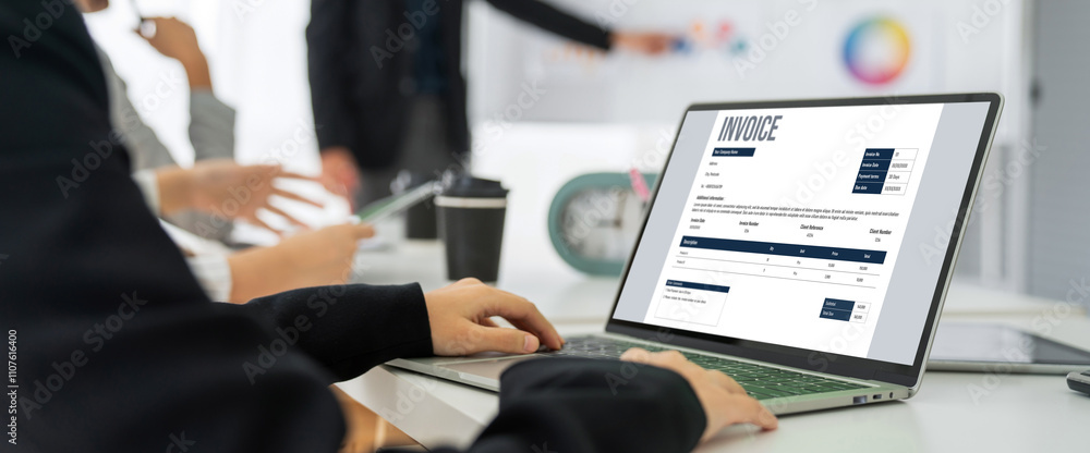 Poster invoice on computer screen from accounting application. computer program for financial and budget of