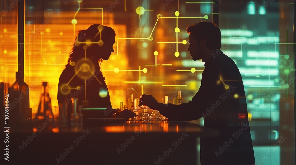 Poster silhouettes of two individuals engaged in conversation, with a digital overlay of abstract elements.