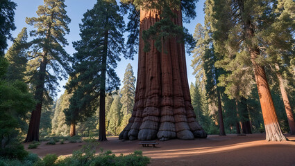 Giant sequoia tree surrounded by lush forest in a national park during the morning light