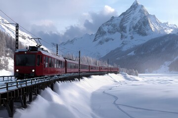An iconic red train travels on elevated tracks across a snowy landscape, framed by towering mountains, showcasing the beauty of winter and adventurous travel.