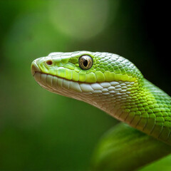 Fototapeta premium A macro photo of a green mamba's head, highlighting its vivid green scales and piercing golden eyes, with a softly blurred forest background