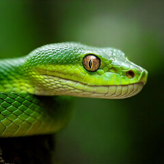 Fototapeta premium A macro photo of a green mamba's head, highlighting its vivid green scales and piercing golden eyes, with a softly blurred forest background