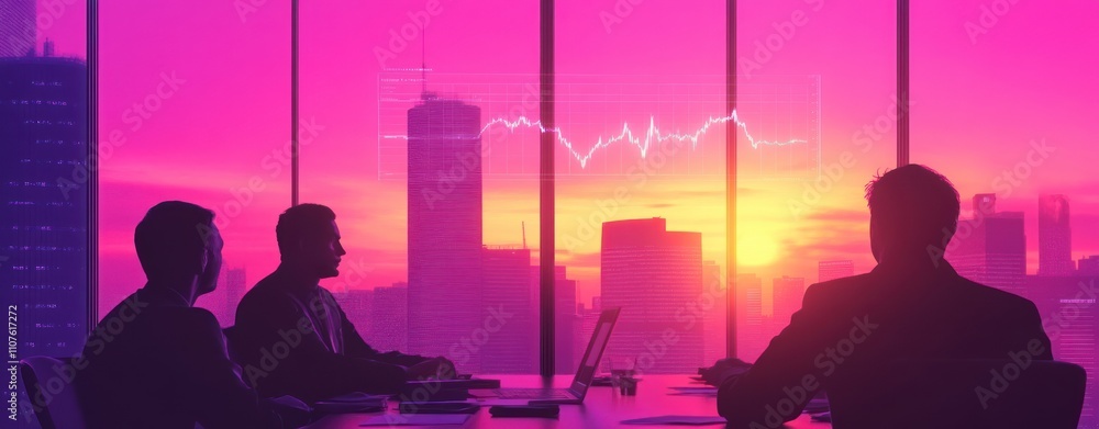 Poster silhouettes of business professionals in a meeting against a sunset skyline with data visualization.