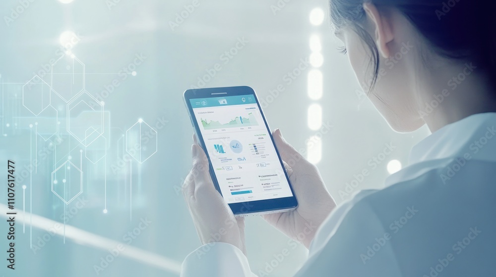Aufkleber A person using a smartphone to access data in a modern, tech-focused environment.